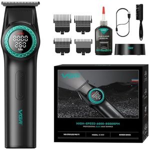 VGR 977 Professionele Tondeuse voor Mannen, 8000 Omw/min T-Blade Trimmer, Draadloze Kappersnijder met Nulafstand, Oplaadbare Randkappers met LED-Display, Zwart