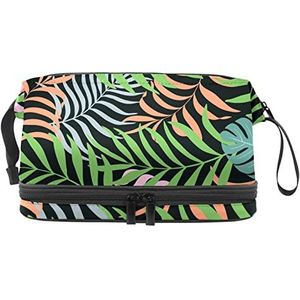 Palm Leaves Makeup Bag Double Layer Ruime Cosmetische Zakken voor Vrouwen en Meisjes Reizen Draagbare Toiletry Pouch met Rits, Meerkleurig, 27x15x14 cm/10.6x5.9x5.5 in, Make-up zakje