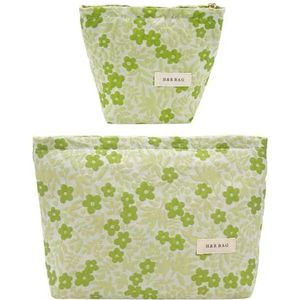ONEGenug Make-uptas, set van 2 make-uptassen, draagbaar etui, make-upzakje, reisbenodigdheden, toilettassen voor vrouwen en meisjes, A-groen, Bloemen make-up tas