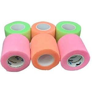 PintoMed - 2 x Oranje + 2 Neon Groen + 2 x Roze - Samenhangend Verband - Cohesive Bandage - 6 rollen x 5 cm x 4,5 m Zelfklevende flexibele verbanden, EHBO, Sportverbandverbanden - Pak van 6