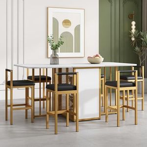 Aunvla Eetgroep (set met eettafel, 6 stoelen), inklapbare eettafel, uitbreidbare eettafel, multifunctionele uittrekbare eettafel, eetkamerstoelen, wit en goud