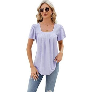 Tshirts Women Women'S Pleated Hollow Square Neck Jacquard Short Sleeve Swallowtail T-Shirt Women-Purple-Xl
