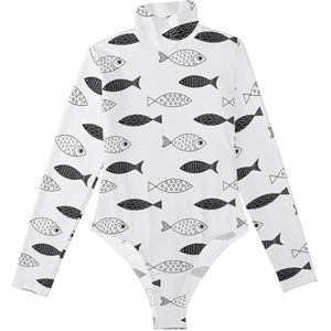 LI ZHI XIN Bodysuits voor dames, lange mouwen, eendelige jumpsuit met hoge hals, coltrui, turnpakje, top voor meisjes, dans, training, fitness, body, zee, oceaan, vis, patroon, Meerkleurig, M