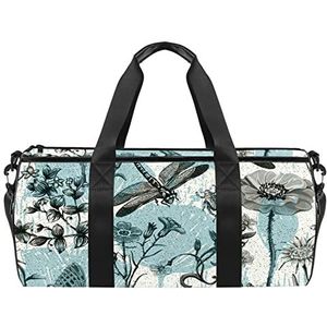 Doodle Tropisch Fruit Reizen Duffle Bag Sport Bagage met Rugzak Tote Gym Tas voor Mannen en Vrouwen, Libellen Bloem, 45 x 23 x 23 cm / 17.7 x 9 x 9 inch