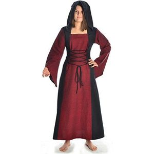HEMAD Lange Middeleeuwse jurk met wijde mouwen en lange Capuchon - Katoen - Zwart-Rood S