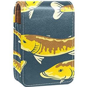Leuke gouden muskie vissen draagbare lippenstift case voor op reis, mini lippenstift opbergdoos met spiegel voor vrouwen dames, lederen cosmetische etui, Meerkleurig, 9.5x2x7 cm/3.7x0.8x2.7 in
