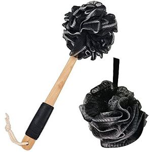 Loofah Spons Bad Body Brush Back Scrubber met lange houten handgreep, Handheld Luffa Poef op een stok voor lichaam, badspons voor exfoliëren, detox, cellulitis, bloedcirculatie