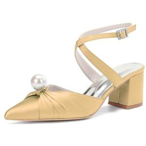 KYEGLO Puntige Hakken Met Blokhak En Parel Voor Dames & Sandalen Met Dichte Neus, Dikke Hak En Gekruiste Enkelbandjes - Ideaal Voor Bruiloften En Werk,Gouden,36 EU