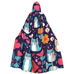 WURTON Grappige katten vogels en bloemen mystieke mantel met capuchon voor mannen en vrouwen, ideaal voor Halloween, cosplay en carnaval, 185 cm