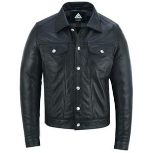 ARIAN LEATHER Zwart leren jack voor heren in truckerstijl, klassieke jas van 100% echt leer met metalen knopen en voorzakken, Zwart, XXL