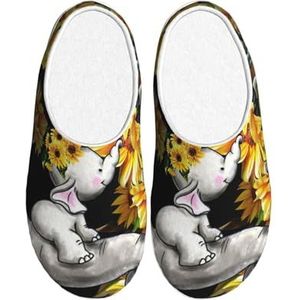 EdWal Moeder en baby olifant zonnebloemen print Winter Warme Slippers Indoor Anti-slip Pluche Slippers Ontspannen thuis voor Vrouwen Mannen, Zwart, 37.5 EU