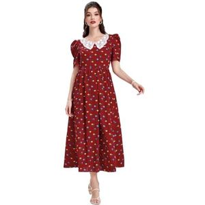 jurken voor dames Ditsy bloemenprint contrasterende kanten jurk met pofmouwen (Color : Burgundy, Size : XL)