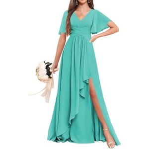 Chiffon bruidsmeisjesjurken voor dames, voor bruiloft, ruches avondgalajurken, cocktailjurken, grote maten, Turkoois, 34