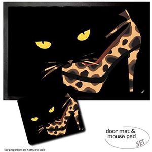 1art1 Schoenen, Black Cat's Eyes And Leopard Print Pumps Deurmat (60x40 cm) + Muismat (23x19 cm) Cadeauset