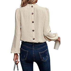 dames topjes Zwitsers punt franje trim knoop terug blouse met lantaarnmouwen (Color : Apricot, Size : L)