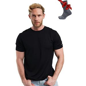 Premium Merino shirt voor heren, korte mouwen, ademend, 100% merinowol, T-shirt voor heren + wollen wandelsokken, Black Ink., M
