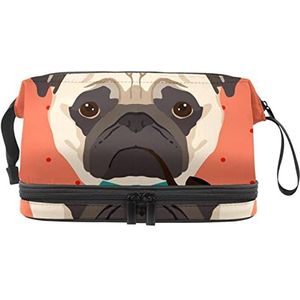 Grote capaciteit reizen cosmetische tas,Make-up tas,Waterdichte make-up tas Organizer, Rode mopshond, Meerkleurig, 27x15x14 cm/10.6x5.9x5.5 in