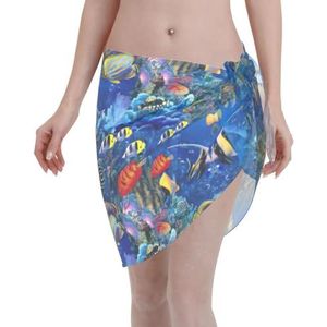 Tropische vissen print elegante strandwrap, bikini cover-up, badmode jurk, voor vrouwen, perfect voor zwembad en resort zwart, Zwart, one size