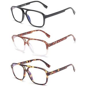 JM 3-pack klassieke leesbril voor dames en heren, vierkant blauw licht blokkerende lezers, 3 Pack Gemengd, 141-16-55x45-145