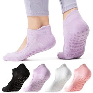 COOLMATE Pilates Socks with Grips for Women, Yoga Socks, Crew Non Slip Women for Workout, Barre, Pilates Gifts(4 Pairs) (US, Numeric, 6, 10, Regular, Regular, Pink/White/Light Purple/Black)