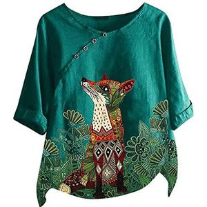 Dames tuniek tops zomer chique bloemen borduurwerk top met knoop baggy grafisch T-shirt casual losse halve mouwen patroon T-shirts vakantie strand geborduurde blouses plus size, Groen-dier, M