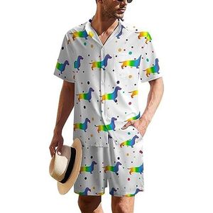 Rainbow Daschund Hawaïaans pak voor heren, set van 2 stuks, strandoutfit, shirt en korte broek, bijpassende set