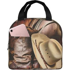 EdWal Cowboy zwarte hoed westernlaarzen print lunchbox voor vrouwen mannen volwassen herbruikbare lunchtas geïsoleerd, voor werk, reizen, picknick