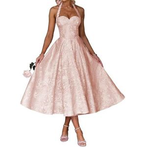 AHERKLL Spaghetti Bandjes Bruidsmeisjes Jurken Jacquard Satijn Halter Formele Avond Feest Maxi Jurk HAH046, Roségoud, 32