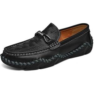 Loafers for heren Ronde neus Krokodillenprint Lederen loafers Schoenen Antislip Lichtgewicht Platte hak Mode Klassieke instappers (Color : Black, Size : 45 EU)