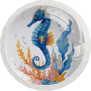 JAVENPROEQT - Ronde Kristallen Ladeknoppen - Set van 12 - Aquarel Zeepaardje met Bladeren en Koraalzeester