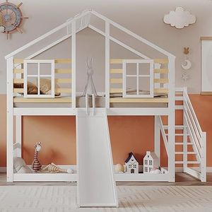 Idemon Stapelbed, houten bed met trap en rooster, met glijbaan en ramen, blokhut kinderbed met valbeveiliging, bedframe van massief hout, wit (90x200 cm)