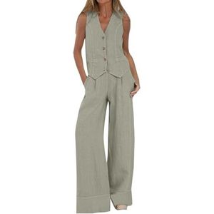 Linnen Pak Elegant Vrijetijdspak voor Dames Zomerlinnen Tweedelige Outfit Mouwloze Blazer Vest en Broek met V-hals 2-delige Pakset Casual Effen Broekpak(Gray,L)