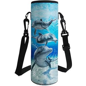 NYLY Dolfijnen Waterflesendrager voor dames en heren, geïsoleerde neopreen waterfles tas met riem schouderriem