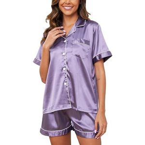 Reliwel, Zomerpyjama voor dames, van satijn, tweedelig, kort, zijde, pyjamaset met knopen, korte mouwen en shorts, Paars, S