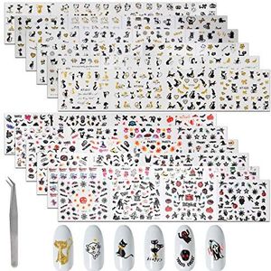 MWOOT Halloween-nagelstickers, 48 vellen nagelstickers, decoratieve accessoires voor nagels, decoratie, motief kat