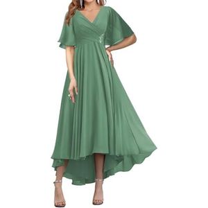 WSEYU Korte Mouw Moeder Van De Bruid Bruidegom Jurken Chiffon Kralen Formele Avond Grootmoeder Jurken Thee Lengte ZM194, Eucalyptus, 32