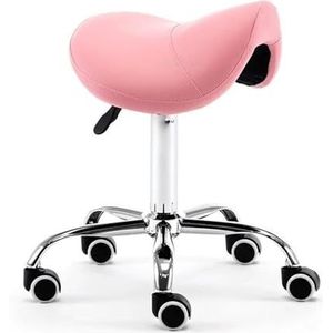 JAVPTAV Zadelstoel kantoor zadelkruk, draaibaar verstelbaar rollen met wielen, PU-lederen salonzitting voor tatoeage schoonheid wimpermassage (roze)