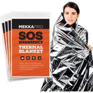 MEKKAPRO Emergency Mylar thermische dekens (4-pack), zakformaat voor noodsituaties, kamperen, buitenshuis, wandelen, overleven, eerste hulp (thermisch zilver)