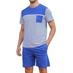 Reliwel Pyjama heren korte tweedelige katoenen pyjamaset zomer shorty nachtkleding ronde hals T-shirt en pyjamabroek met zak mannen zacht huispak sleepwear, blauw., XXL