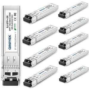 QINIYEK 10GBase-SR SFP+ Transceiver, 10G Multimode SFP+ LC Module, 850nm MMF, tot 300 m, Compatibel met Cisco SFP-10G-SR, Ubiquiti UF-MM-10G, Fortinet, Mikrotik, Netgear, Supermicro (pak van 10)