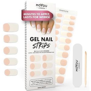 MOYOU LONDON Semi-geharde uv-gelstrips, 20 stuks, uv-nagelfolie, UV-hardend voor manicure in salonkwaliteit, set met nagelvijl en houten nagelriemstokjes - Basic French