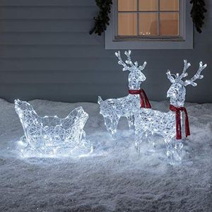 Lights4fun Rendieren met slee met 240 witte ledlampjes, werkt op batterij, timer, kerstverlichting voor buiten en binnen, kerstfiguur