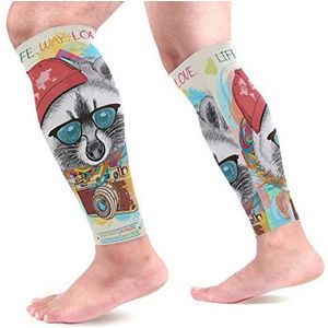 EZIOLY Wasbeer Hipster Art Print– Sport Kalf Compressie Mouwen Been Compressie Sokken Kalf Guard voor hardlopen, Fietsen, Moederschap, Reizen, Verpleegkundigen