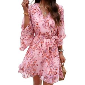CupitiDU Dames Boho Bloemen Gedrukt Chiffon Jurken, Casual Zomer V-hals Chiffon Lange Boerenmouwen Vloeiende Orset Jurk, roze, XL