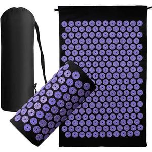Generise Acupressuurmat, mat-en-kussenset voor mannen en vrouwen, rug-, nek- en spierpijnverlichting, incl. reistas met verstelbare riem (zwart met paarse pinnen)