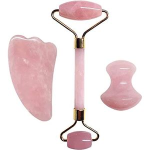 Gua sha Schraper Board Rozenkwarts gezicht dunne stimulator natuursteen guasha board jade roller roze kristal gezichtsschraper jade gezichtsroller set massage tool set (kleur: set a)
