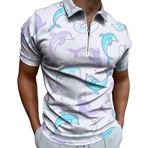 Jumping Dolphins Poloshirt voor heren, met ritssluiting, casual korte mouwen, golftop, klassieke pasvorm, tennisshirt