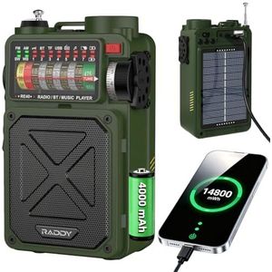 Raddy RE40 Kortegolfradio, FM-AM-SW-ontvanger, 4000mAh retro-radio op batterijen, BT-luidspreker, crankradio, met witte ruis, SOS, ondersteuning voor USB en micro SD-kaart