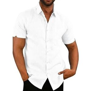 Linen Shirts Men Men'S Short-Sleeved Shirts Summer Solid Color Turn-Down Collar Casual Beach Style Plus Size-White-Us Xxl 90-100 Kg