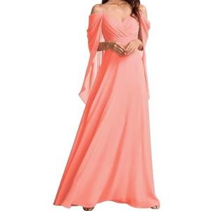 AHERKLL Koude Schouder Bruidsmeisjes Jurken voor Bruiloft Spaghetti Band Chiffon Formele Avond Party Maxi Jurk Lange HAH049, Koraal, 32